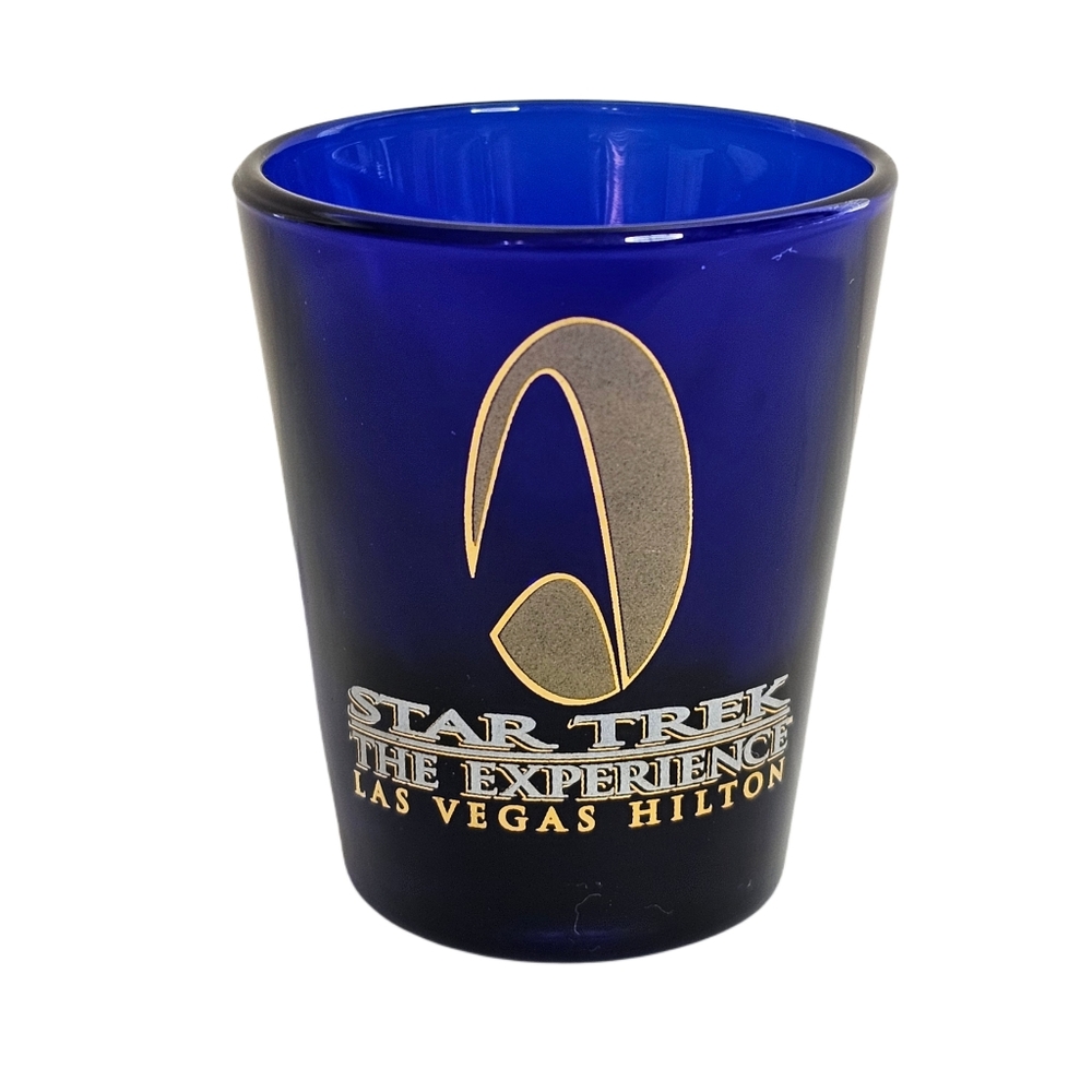 Star Trek The Experience Las Vegas Hilton Shot Glass 1997 Drinking Blue Gold Vtg